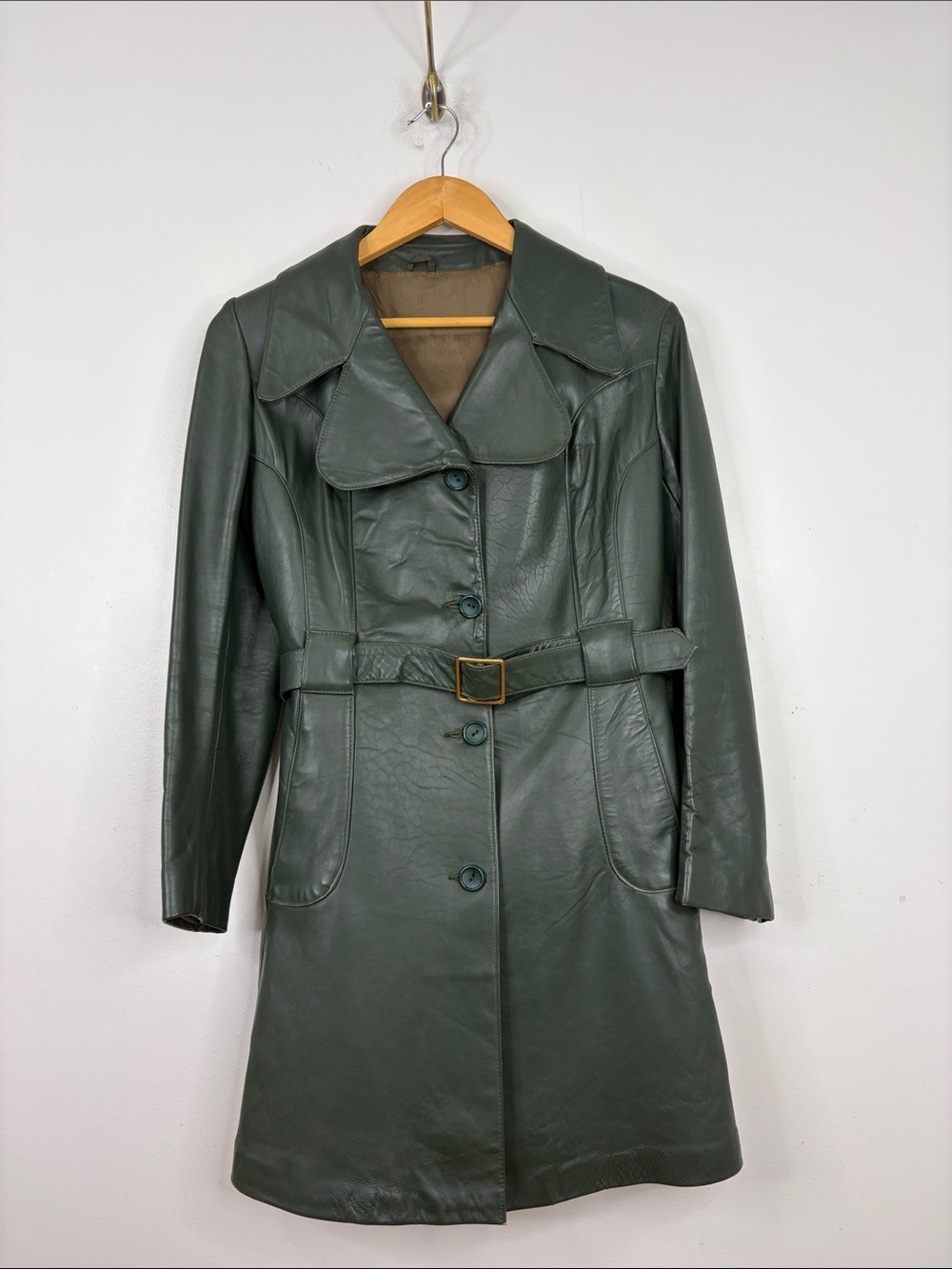 Vintage Leather Jacket Womens Small Medium Green Midi Belted Trenchcoat England
